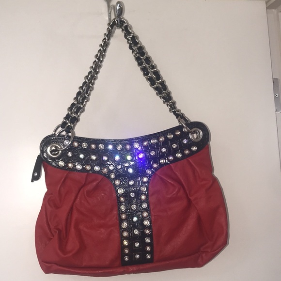 Absolutely beautiful red bag with black accents and sequence. Worn places shown. - Picture 2 of 11